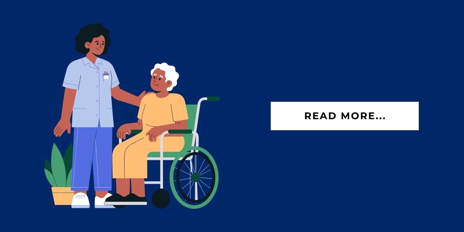An illustration of a senior living staff member speaking with a senior in a wheelchair. There is a text box that says "read more."