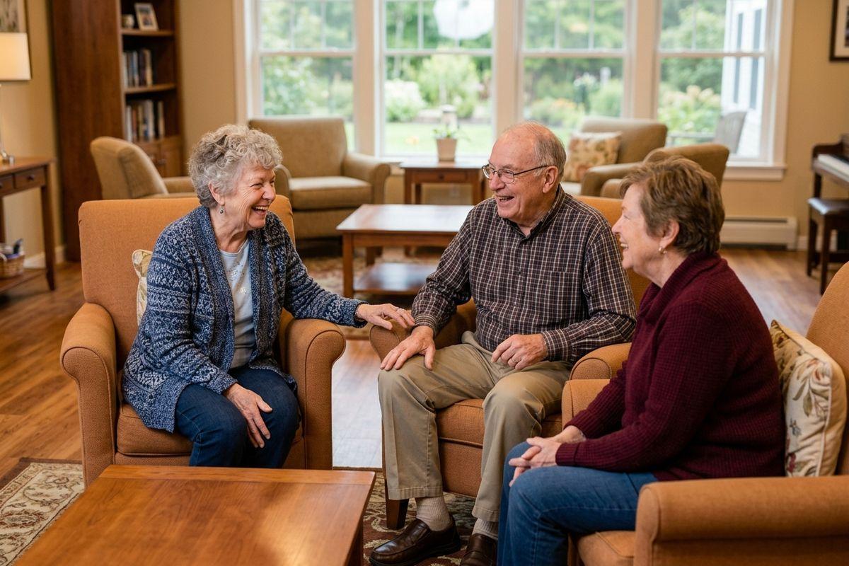 seniors sitting in a living room speaking