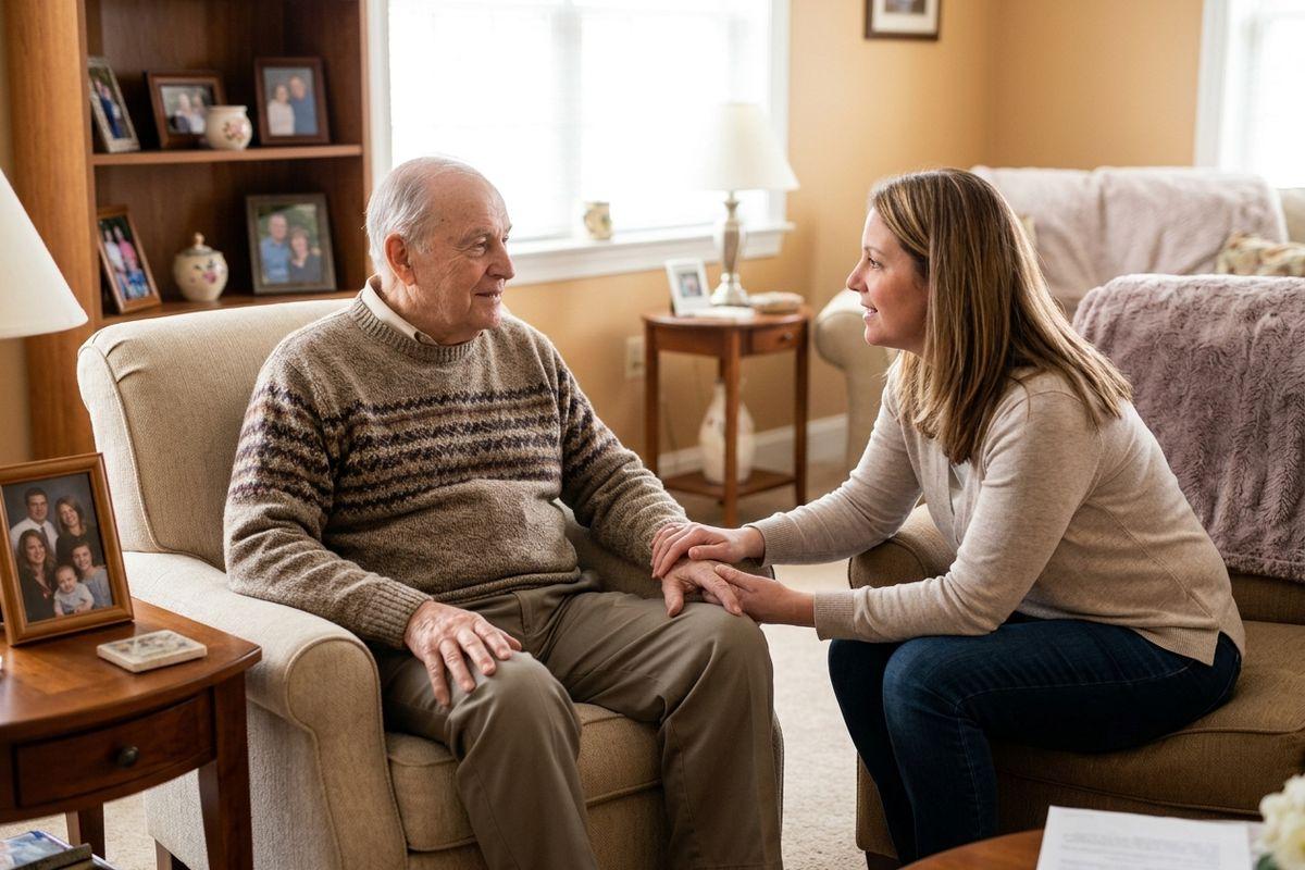 a senior and their young child speaking in a living room