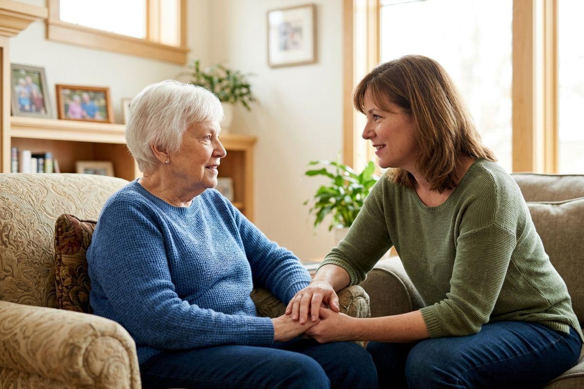 a senior and their younger child speaking in a living room