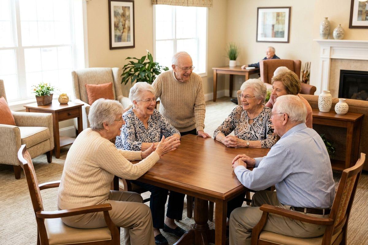 seniors sitting around a table talking and smiling