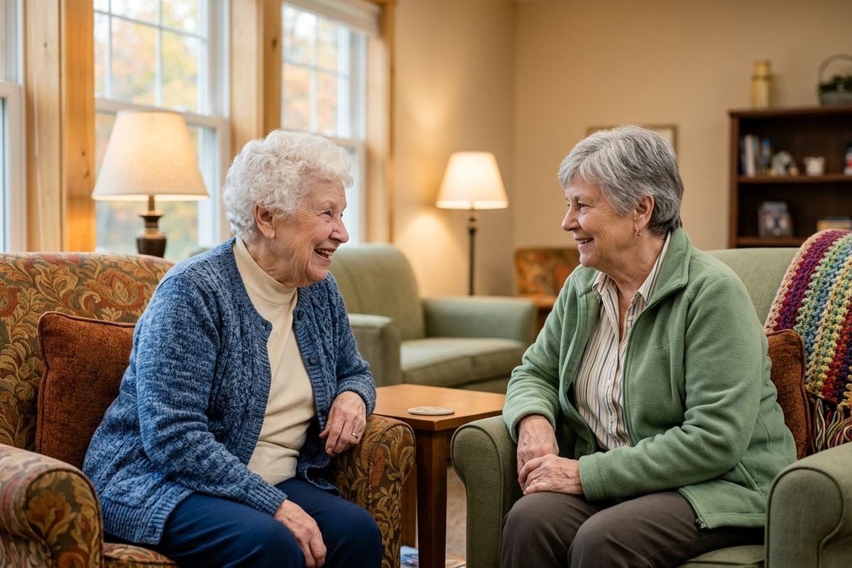 Two adults sitting across each other, smiling and talking in a warmly lit room