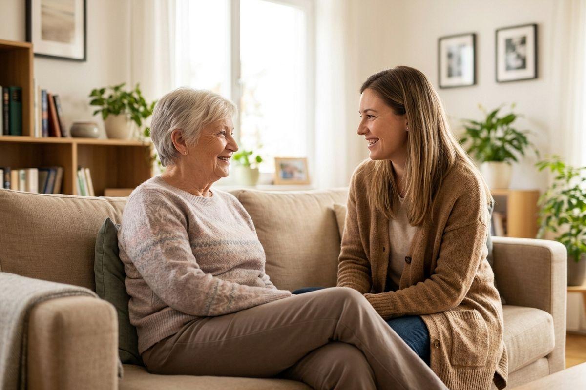 An adult child and their senior parent sit together and smile in a bright living room.