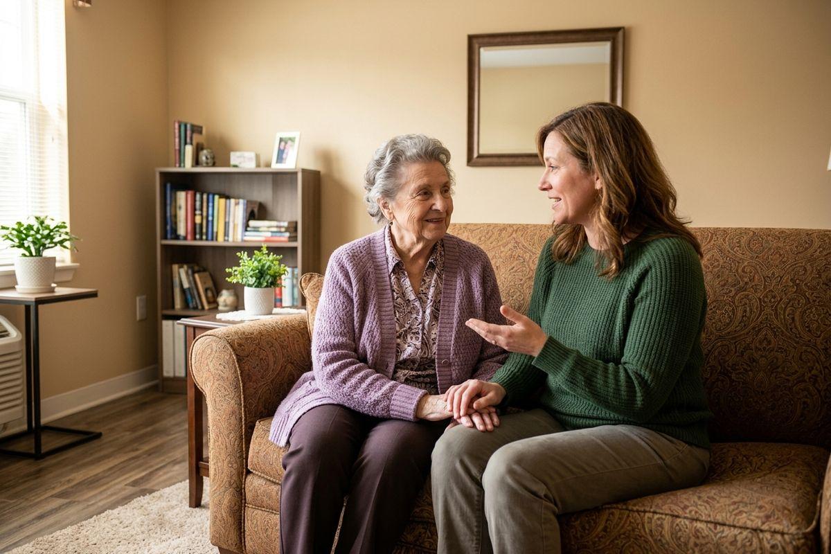One older and one younger adult sitting towards each other on a couch, talking to each other happily about assisted living.