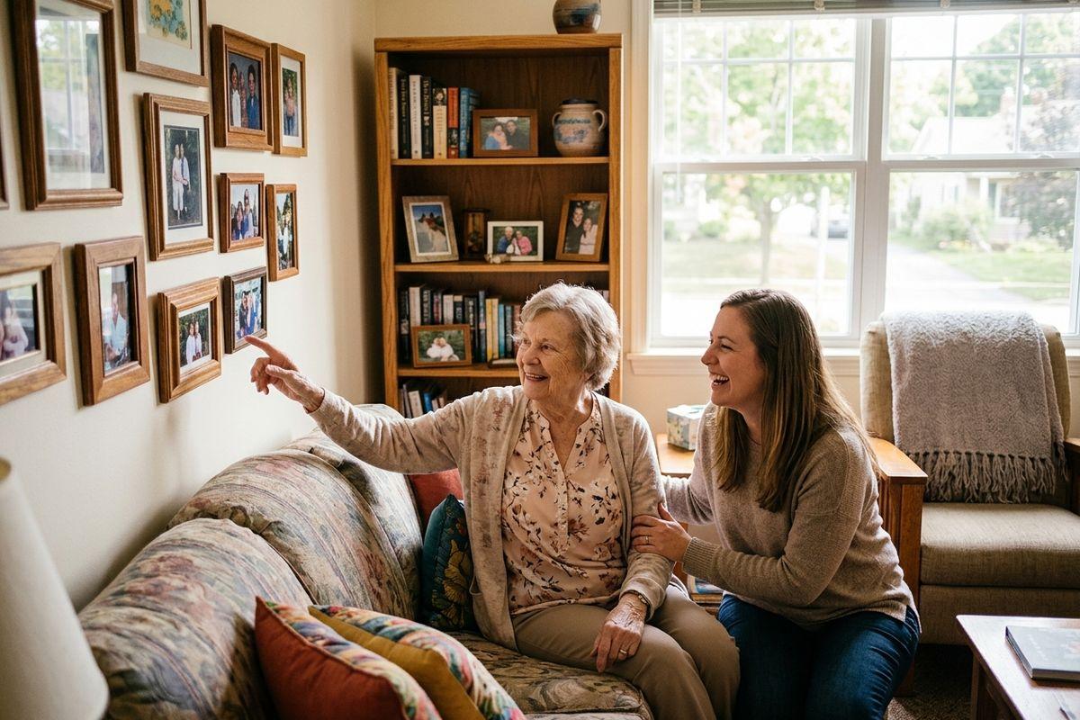A older adult pointing at pictures framed on the wall while a younger adult laughs beside 