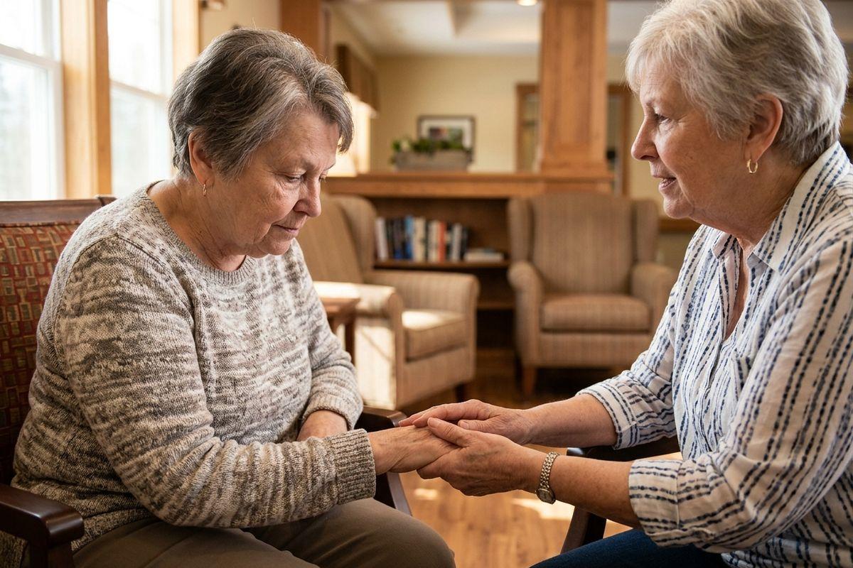 A pair of older adults holds hands, offering comfort and support during a discussion about home safety.