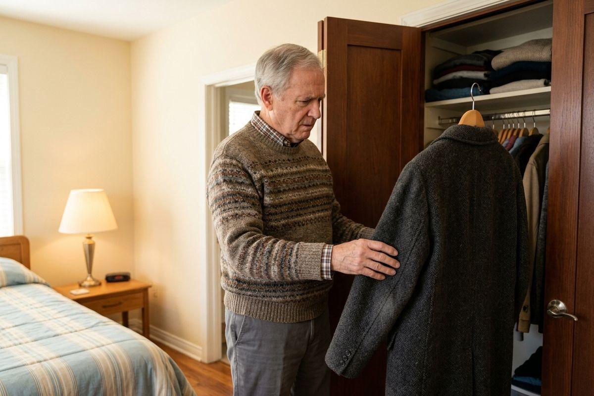 A senior in a knit sweater stands at an open bedroom closet, touching a grey wool coat on a hanger with a focused expression.