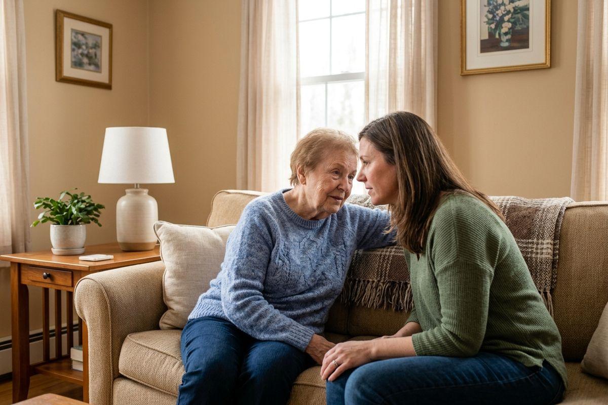 A senior and a younger woman sit close together on a living room sofa, facing each other in conversation, with a lamp and window behind them.