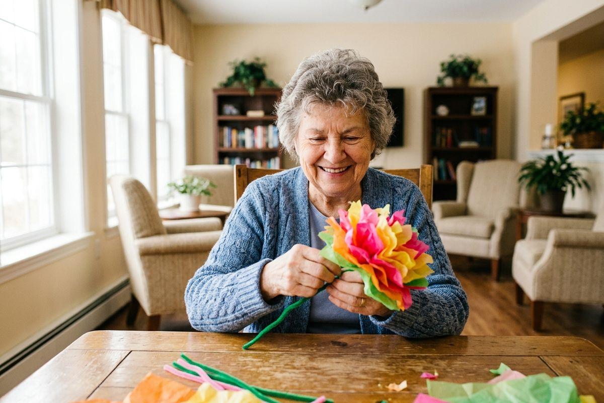 A smiling senior makes a colorful tissue paper flower at a wooden table in a living room with bookshelves and armchairs.