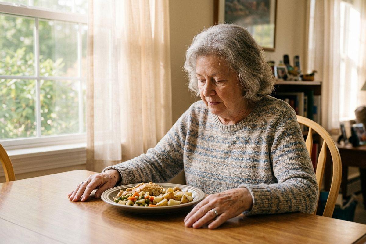A senior sits at a wooden table by a window, hands flat on the surface, looking down at a plate of chicken, potatoes, and vegetables.