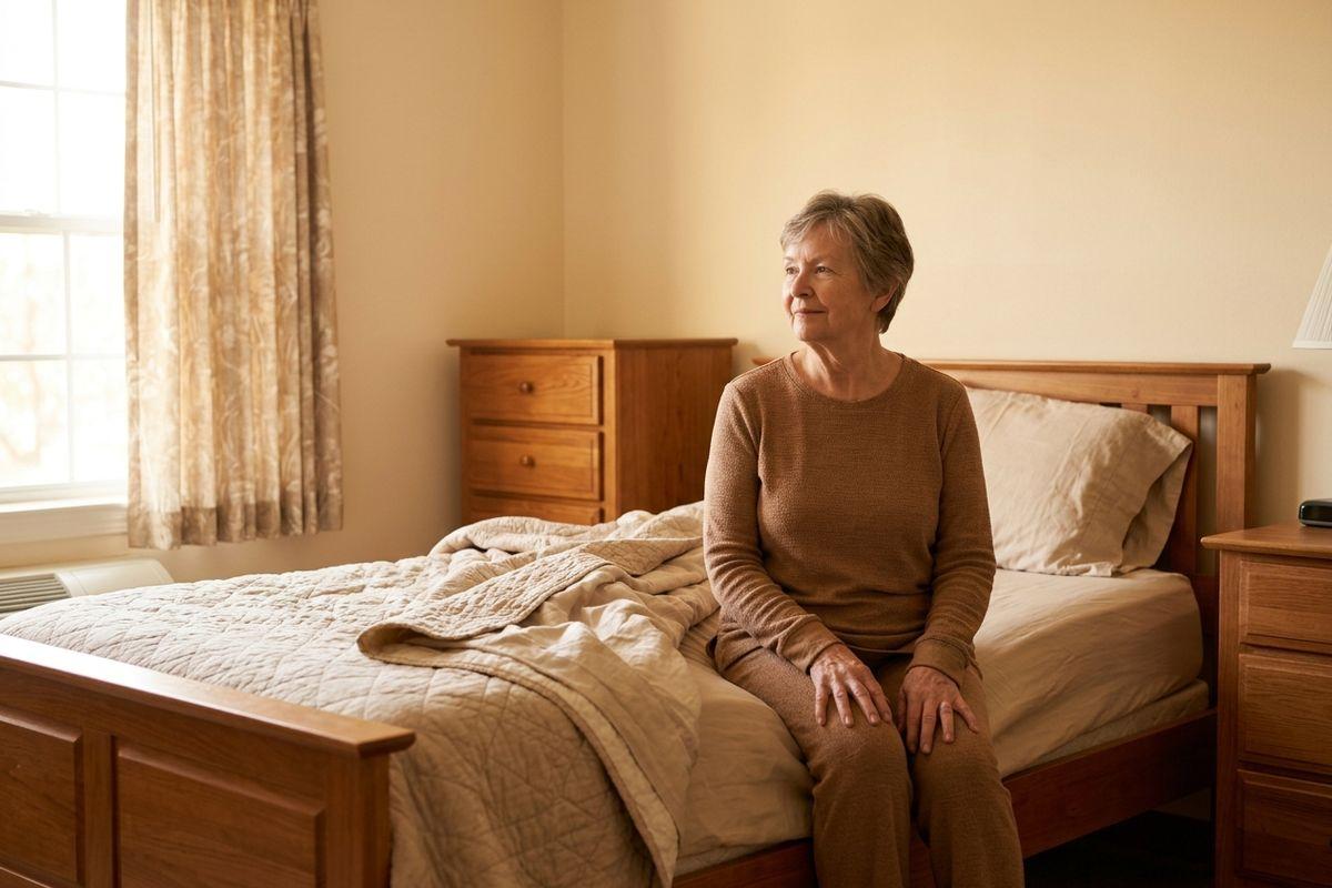 A senior sits on the edge of a bed in a bedroom, hands on knees, looking toward a sunlit window with curtains.