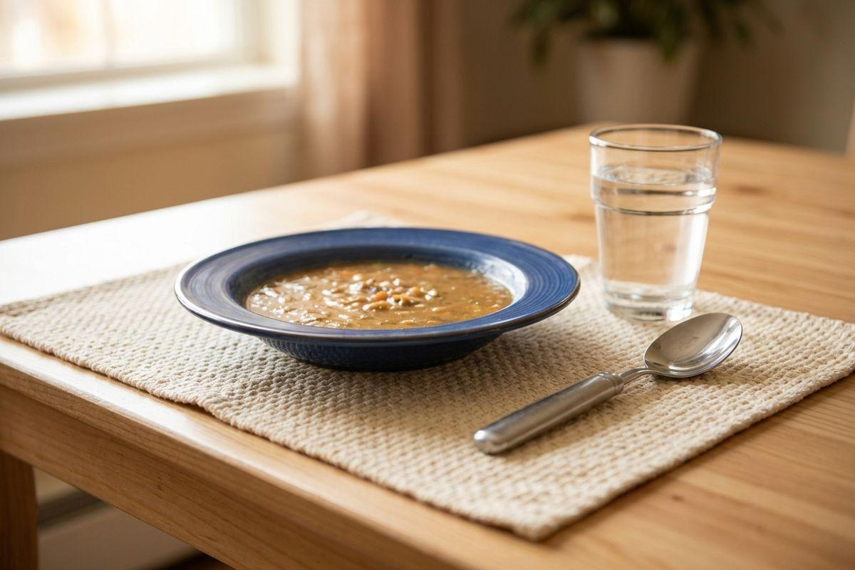 A blue bowl of soup sits on a woven placemat with a metal spoon and glass of water on a wooden table by a window.