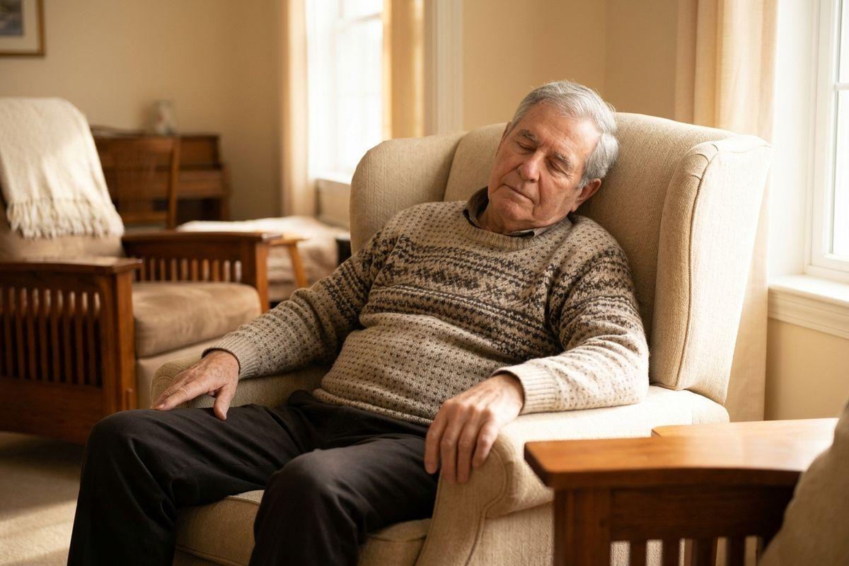 A senior in a patterned sweater sleeps in a cream armchair beside a sunlit window in a living room.