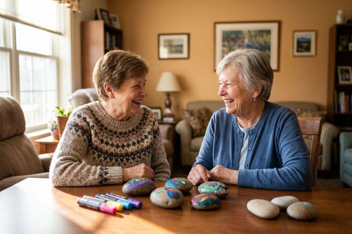 Two seniors laugh together at a living room table with colorfully painted rocks and markers spread in front of them.
